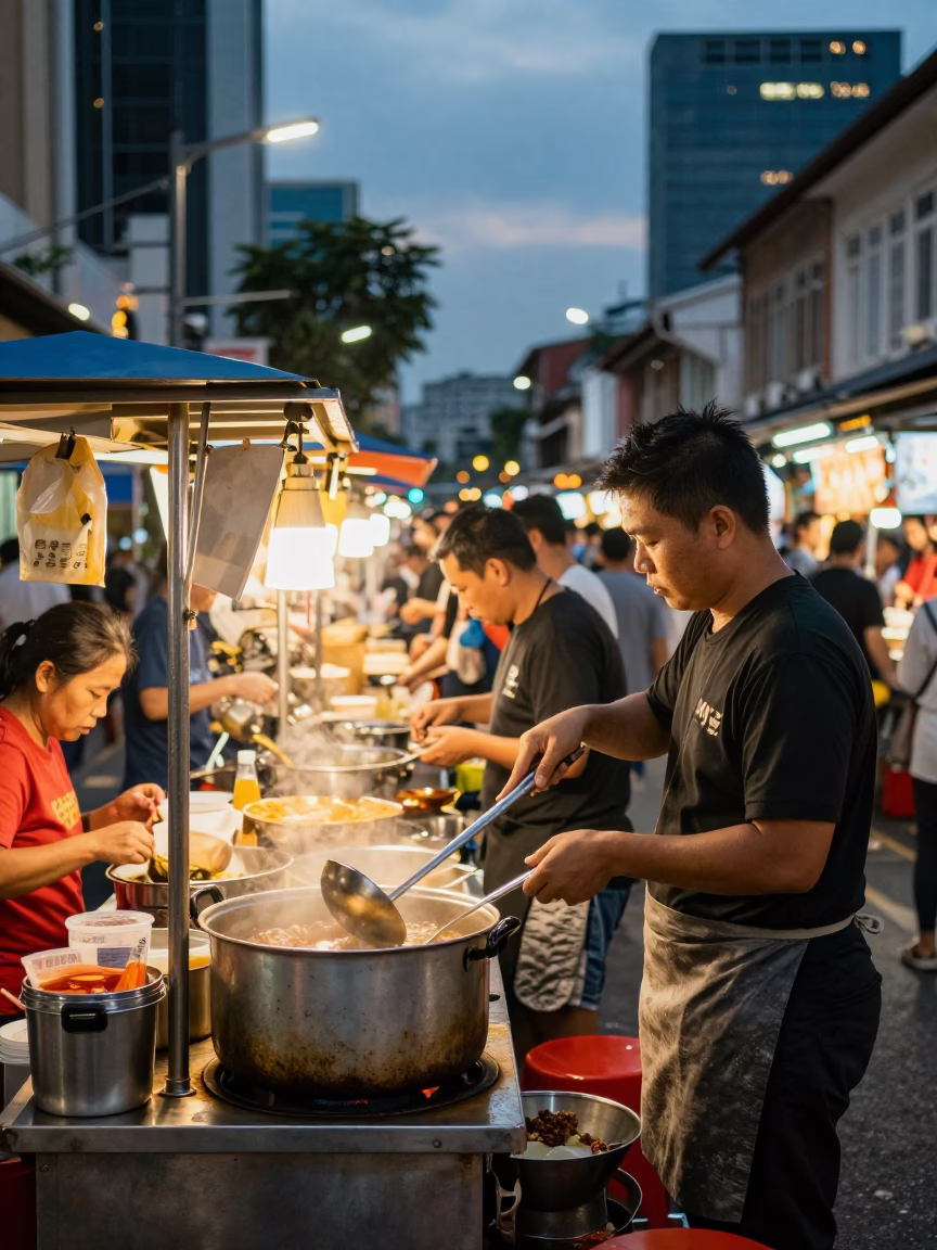 Busy Singapore Street Food Stall at Dusk with Clay Teapot and Ladle in in Singapore, Singapore