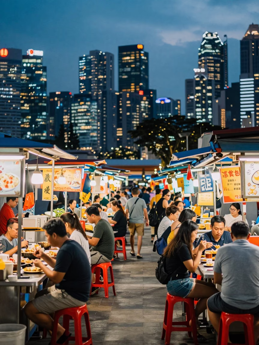 Busy Singapore Street Food Stall at Dusk with Neon Lights and Local Diners in in Singapore, Singapore