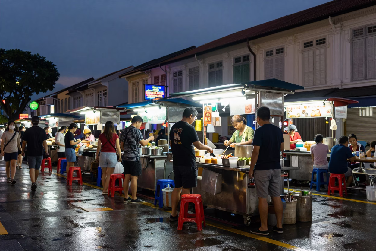 Busy Singapore Street Food Stall at Indigo Twilight with Vintage Motorcycle and Metal Stools in in Singapore, Singapore