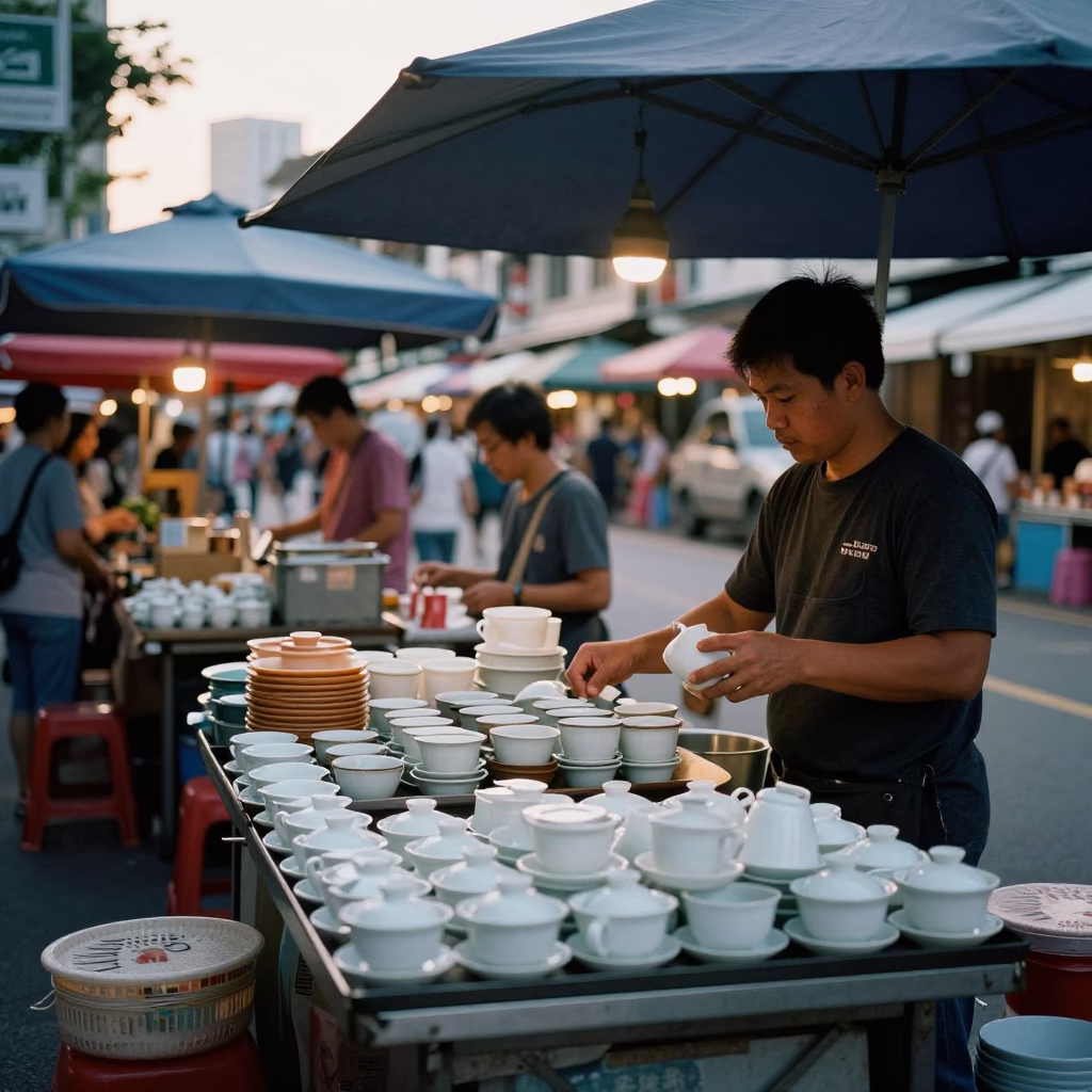 Busy Singapore Street Market Stall at Nautical Dawn with Dustpan and Teacups in in Singapore, Singapore
