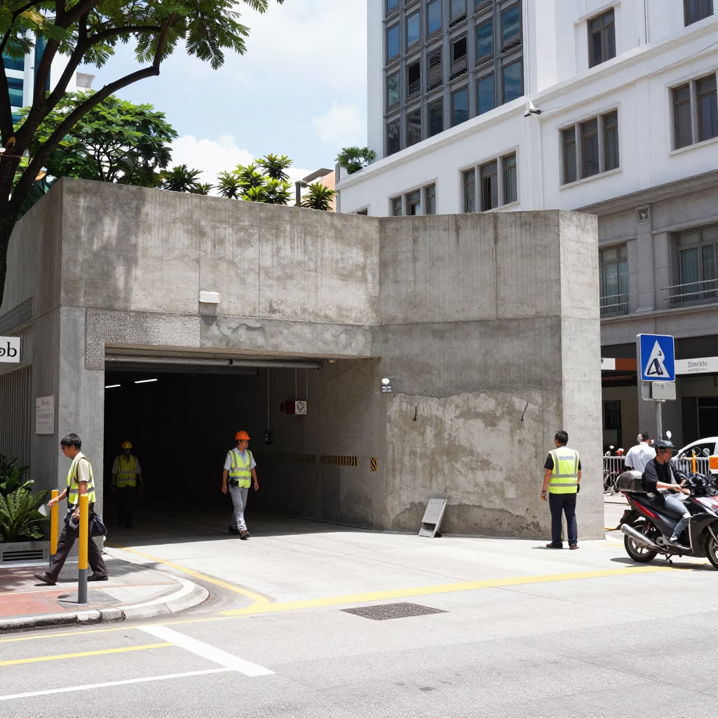 Busy Singapore Street Midday with Fresh Concrete Tunnel Wall and Hand Broom in in Singapore, Singapore