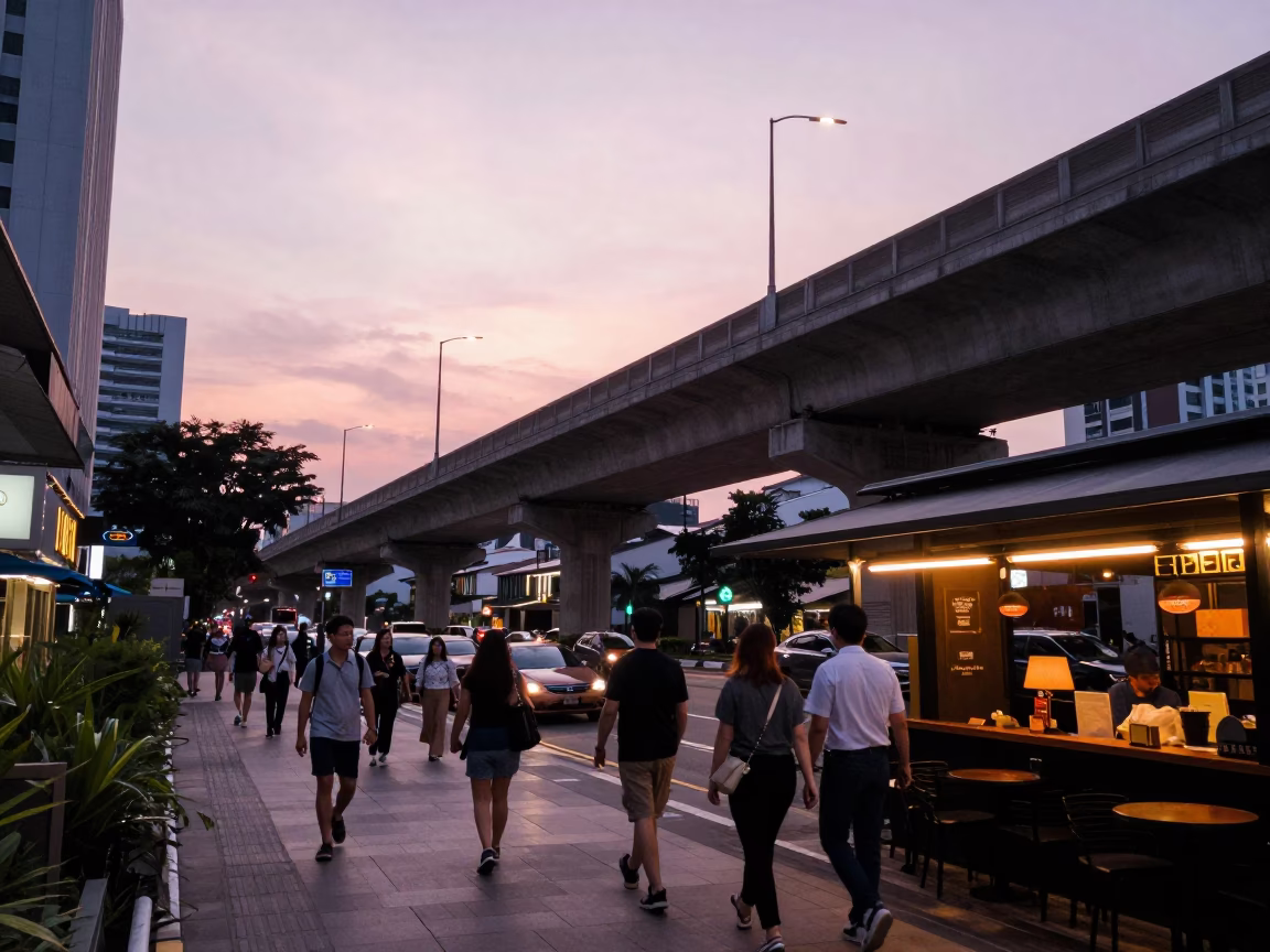Busy Singapore Street Scene at Dusk with Highway Flyover and Tropical Sky in in Singapore, Singapore