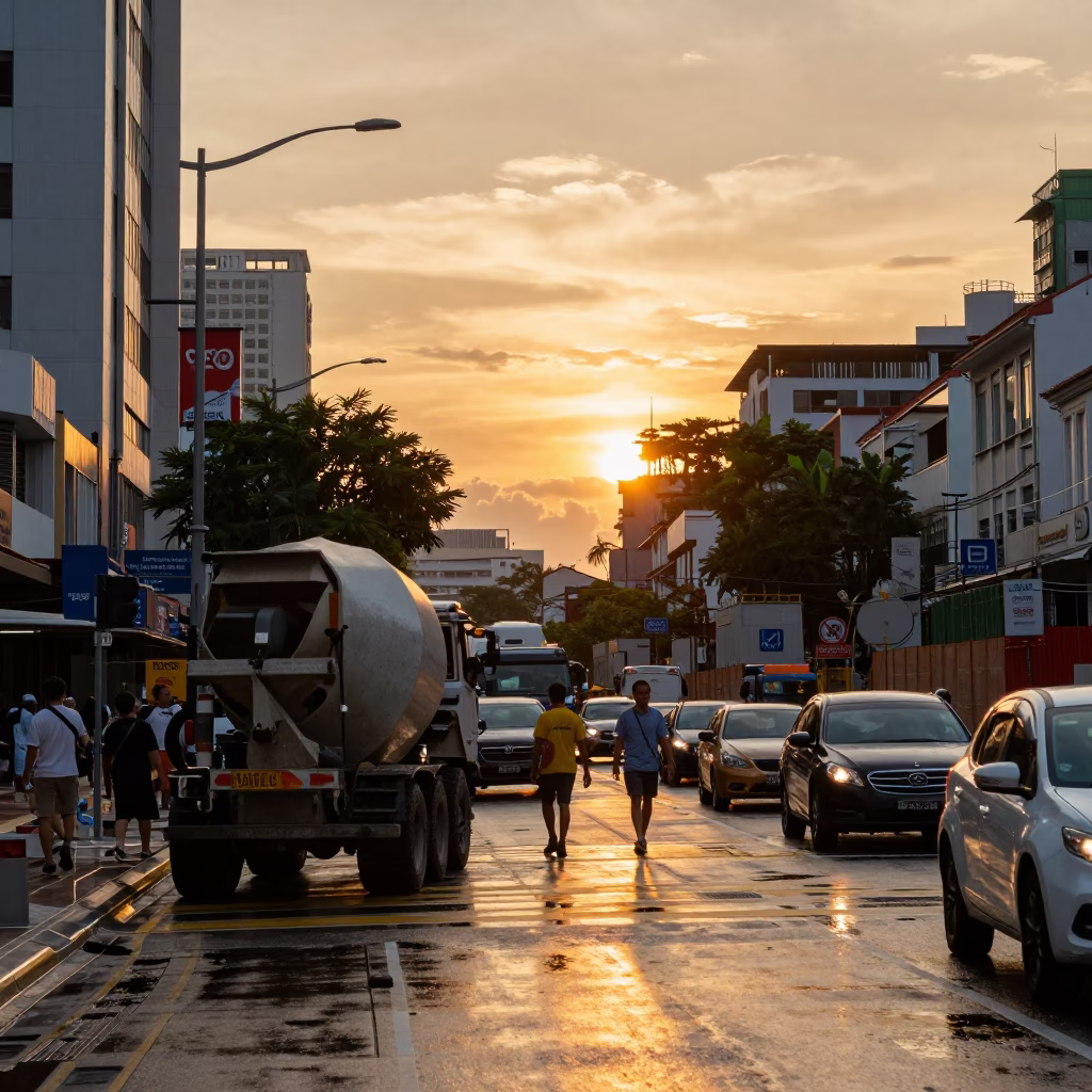 Busy Singapore Street Scene at Sunset with Construction and Local Commerce in in Singapore, Singapore