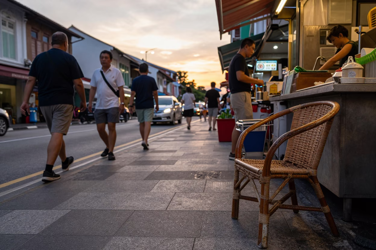 Busy Singapore Street Scene at Sunset with Rattan Chair and Coracle Fisherman Concept in in Singapore, Singapore