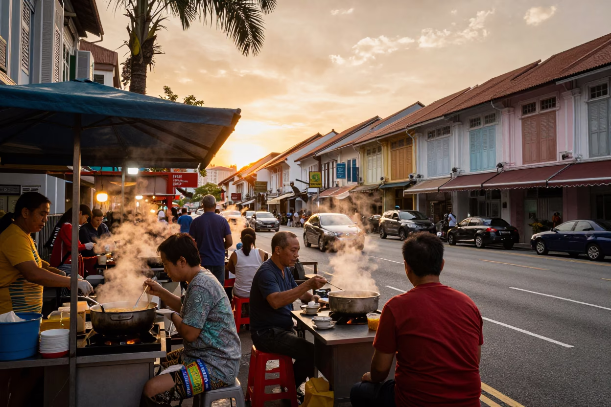 Busy Singapore Street Scene at Sunset with Vintage 1960s Atmosphere and Local Commerce in in Singapore, Singapore