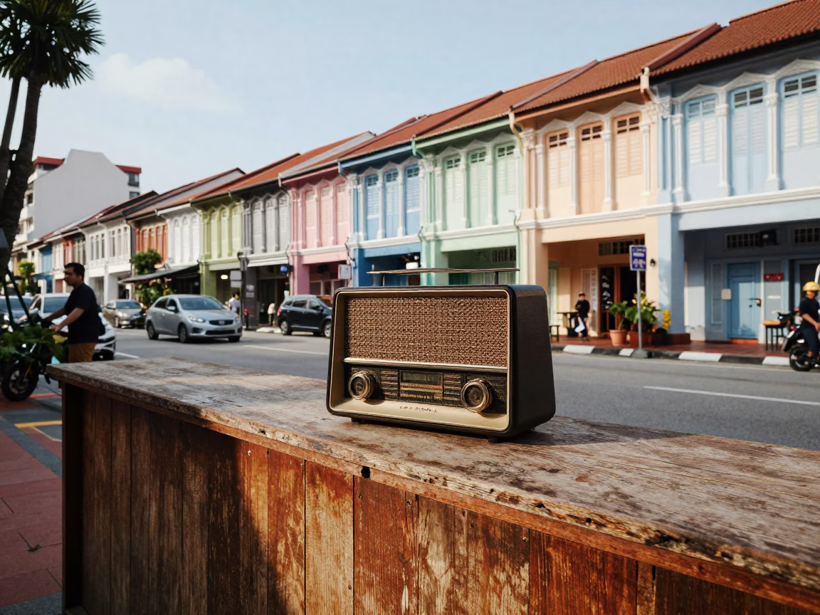 Busy Singapore Street Scene Early Afternoon Vintage Radio on Wooden Counter in in Singapore, Singapore