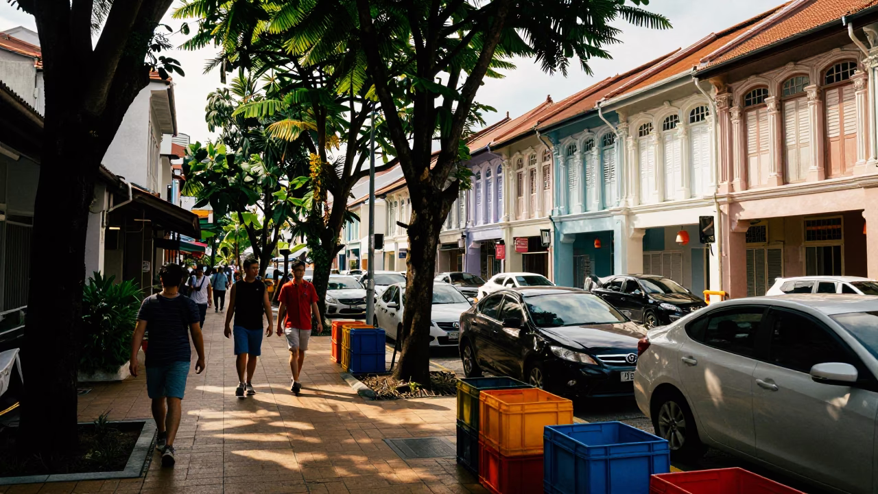Busy Singapore Street Scene Early Afternoon with Painted Crates and Local Commerce in in Singapore, Singapore