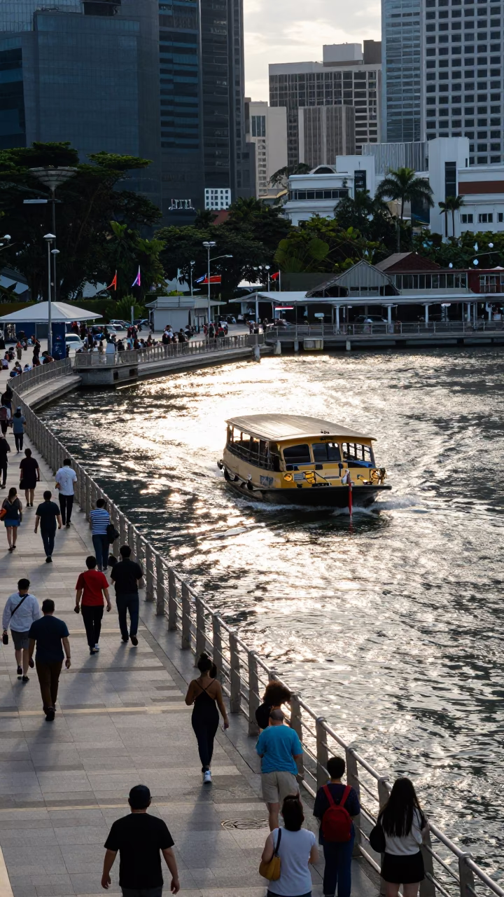 Busy Singapore Street Scene Early Afternoon with Water Taxi and Floating Dock in in Singapore, Singapore