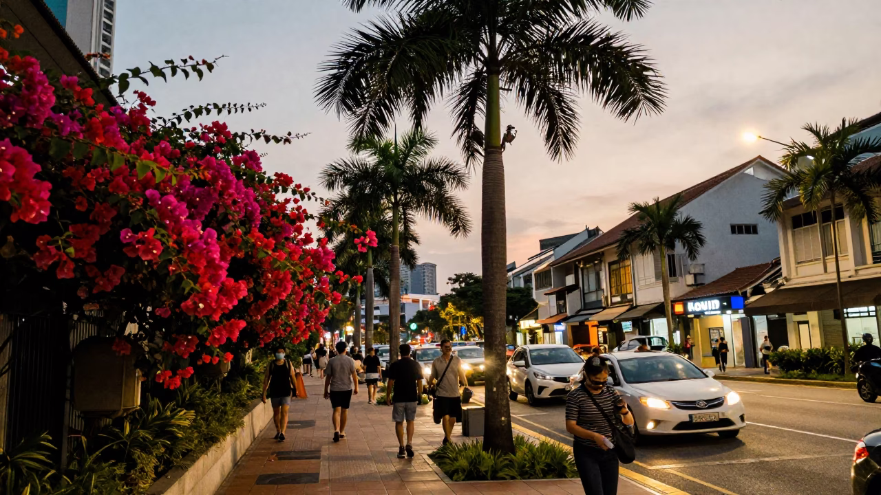 Busy Singapore Street Scene Early Evening with Palm Tree Avenue and Bougainvillea in in Singapore, Singapore