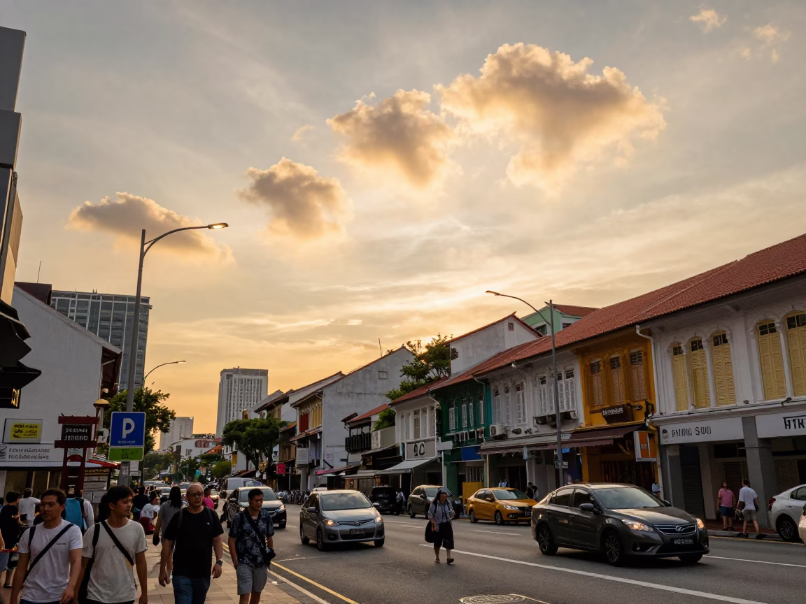 Busy Singapore Street Scene in Honeyed Evening Light with Morning Glory Clouds in in Singapore, Singapore