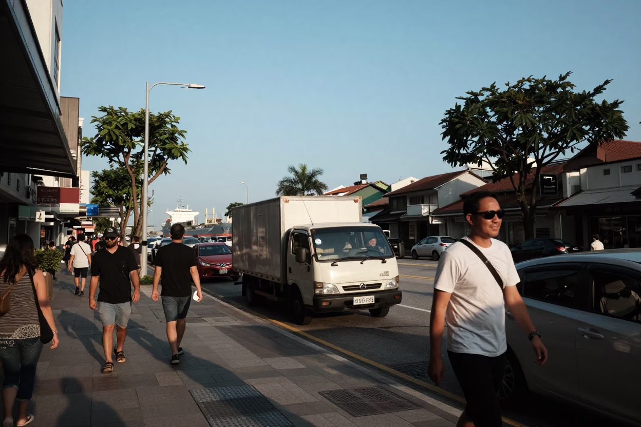Busy Singapore Street Scene Late Afternoon Light with Cargo Ship Horizon in in Singapore, Singapore