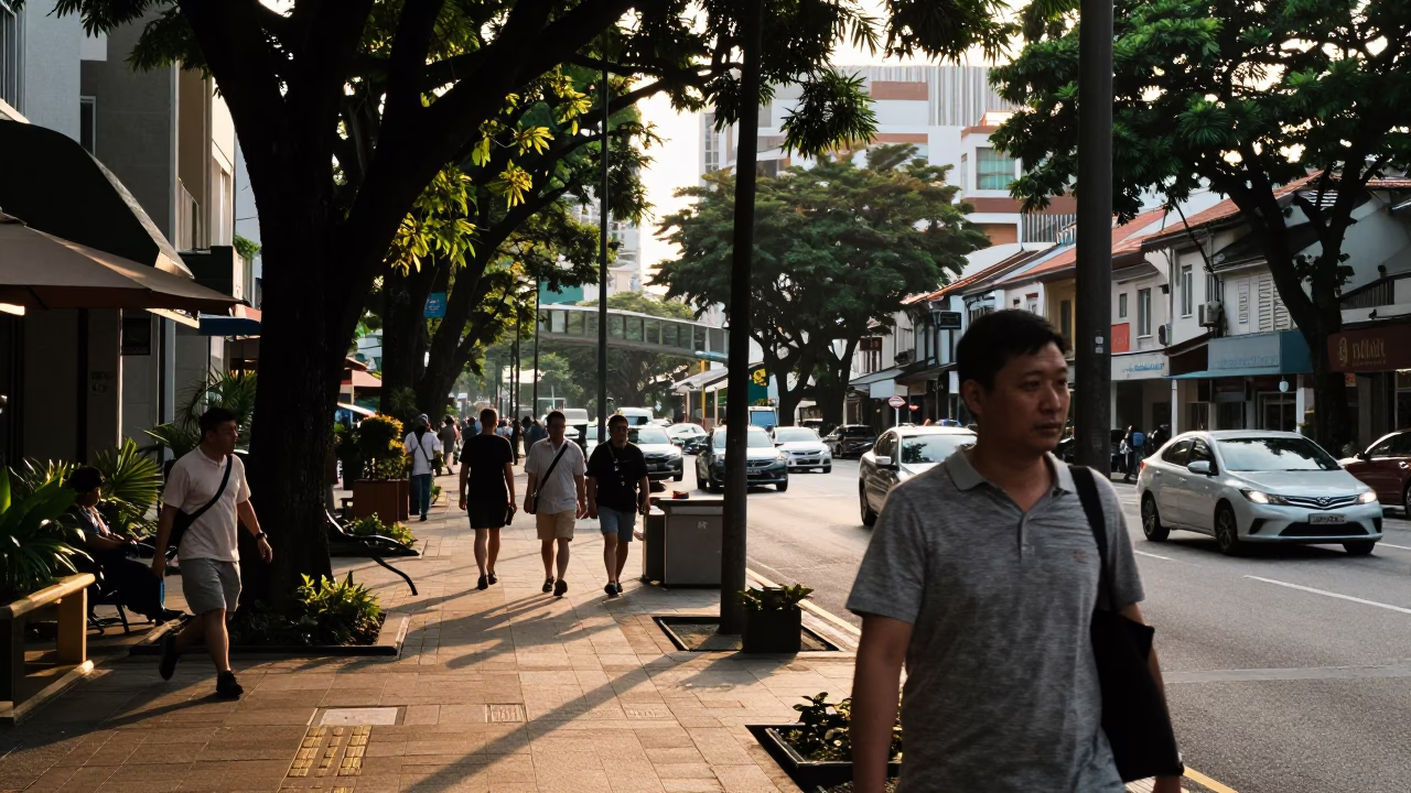 Busy Singapore Street Scene Late Afternoon with Man Holding Measuring Tape and Origami Crane in in Singapore, Singapore