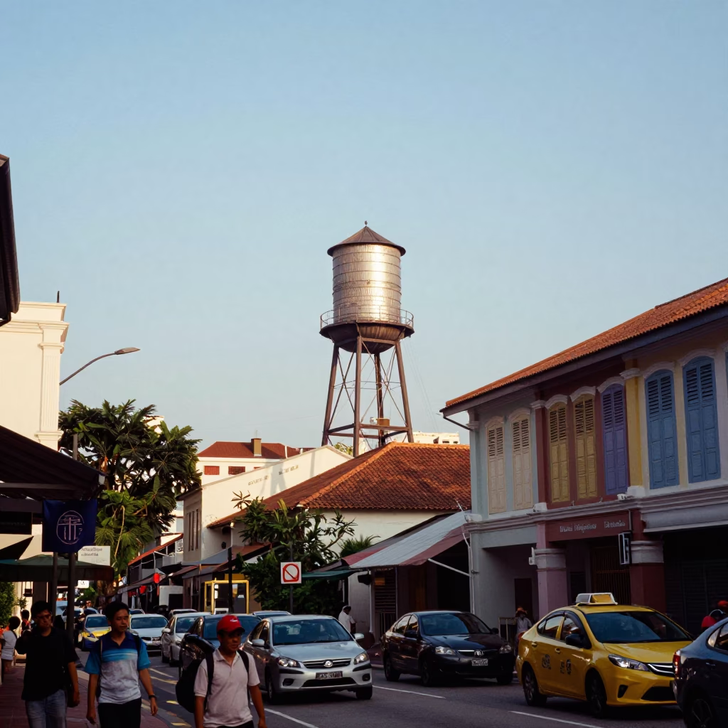 Busy Singapore Street Scene Late Afternoon with Water Tower and Overpass in in Singapore, Singapore