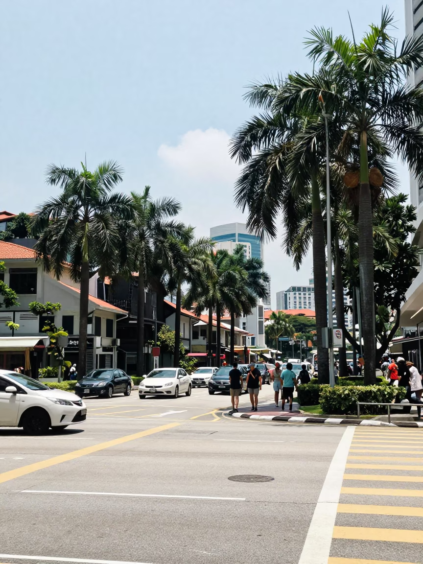 Busy Singapore Street Scene Under Flat Noon Glare with Palm Tree Avenue in in Singapore, Singapore