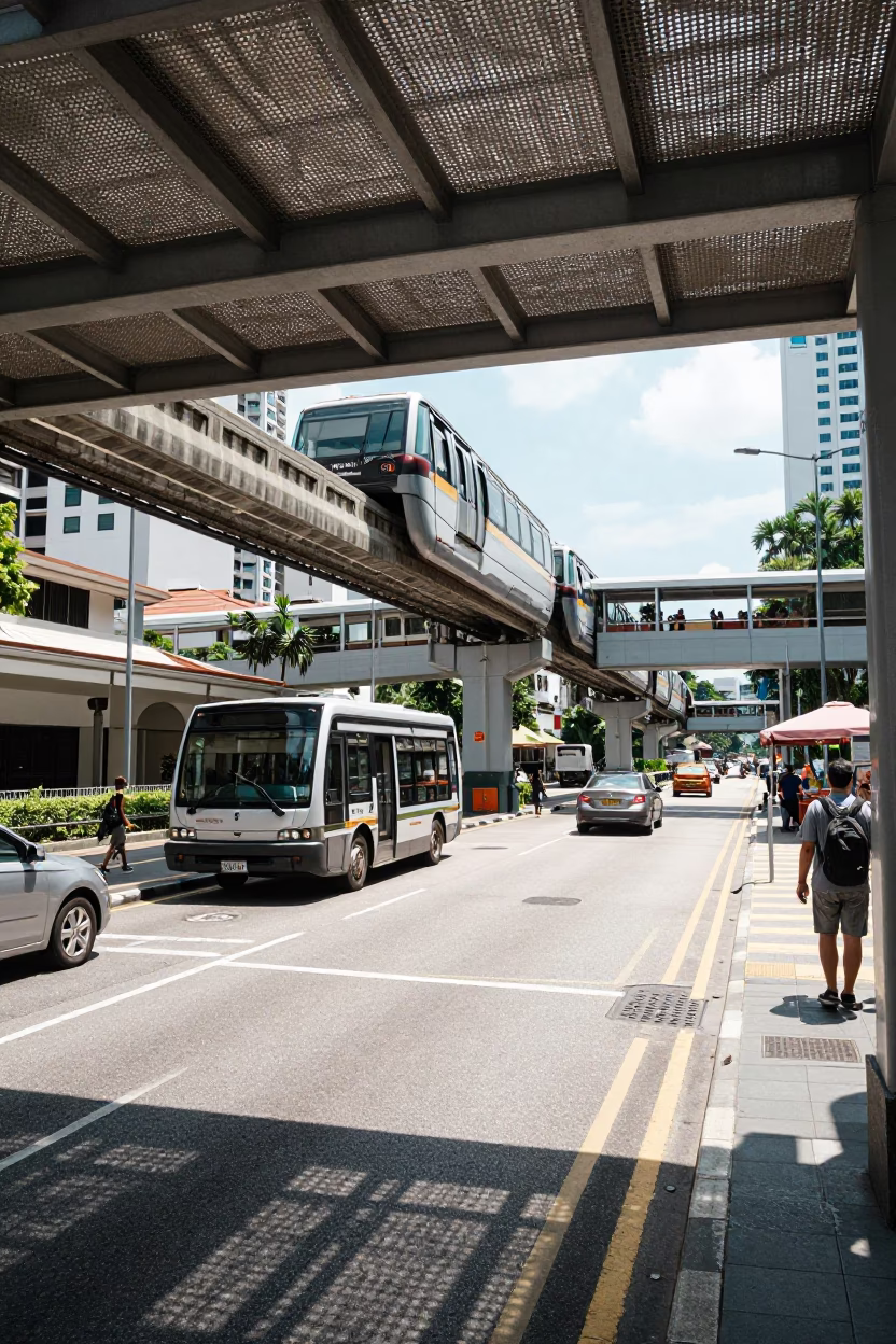 Busy Singapore Street Scene with Monorail and Pedestrian Overpass in Bright Midmorning Light in in Singapore, Singapore