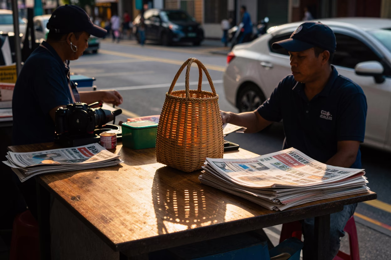 Busy Singapore Street Scene with Wicker Bag Shadow and Newspaper Stack at Golden Hour in in Singapore, Singapore