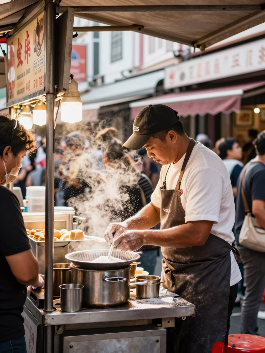 Busy Singapore Street Stall Midday with Pastry Chef and Classic Bus in in Singapore, Singapore
