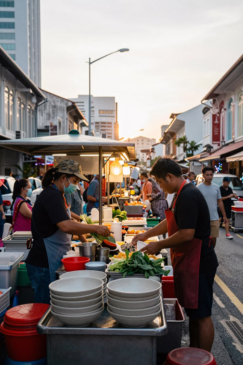 Busy Singapore Street Stall Morning Sunrise with Ceramic Bowl and Berry in in Singapore, Singapore