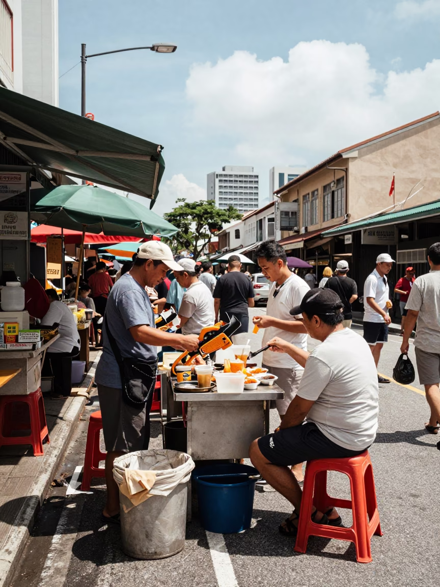 Busy Singapore Street Stall Under Noon Sun with Hacksaw and Hydrangeas in in Singapore, Singapore