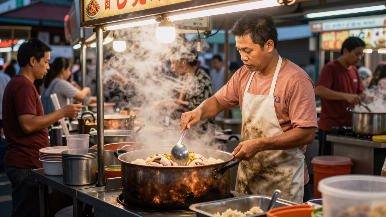 Busy Singapore Street Stall Vendor Cooking Hainanese Chicken Rice Before Dusk in in Singapore, Singapore