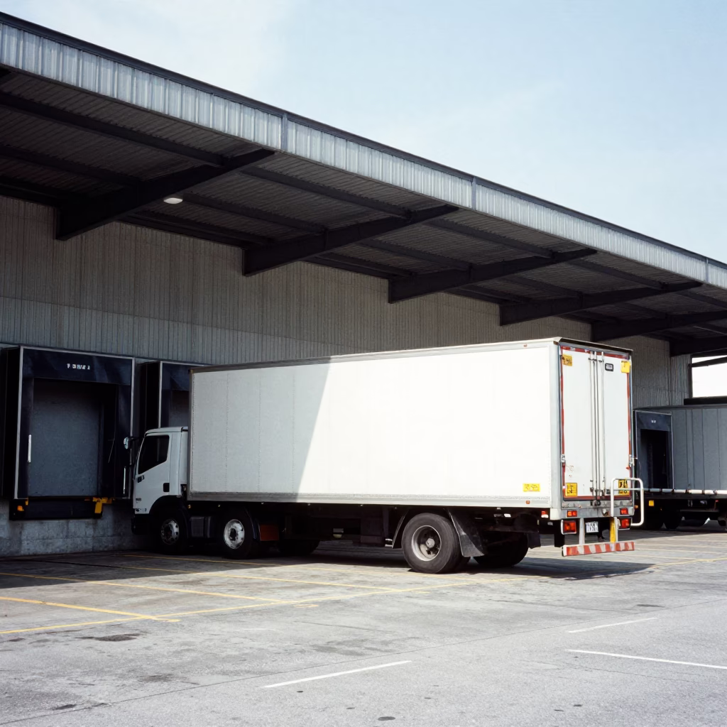Busy Singapore Warehouse Loading Dock with Semi-Trailer Under Flat Noon Sun in in Singapore, Singapore