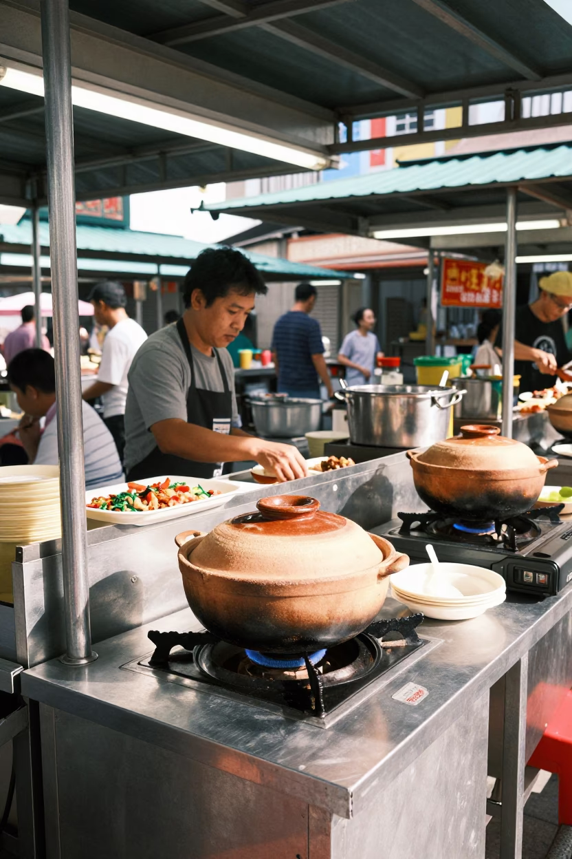 Busy Singaporean Hawker Center Stall with Clay Pot and Basket in Bright Midmorning Light in in Singapore, Singapore