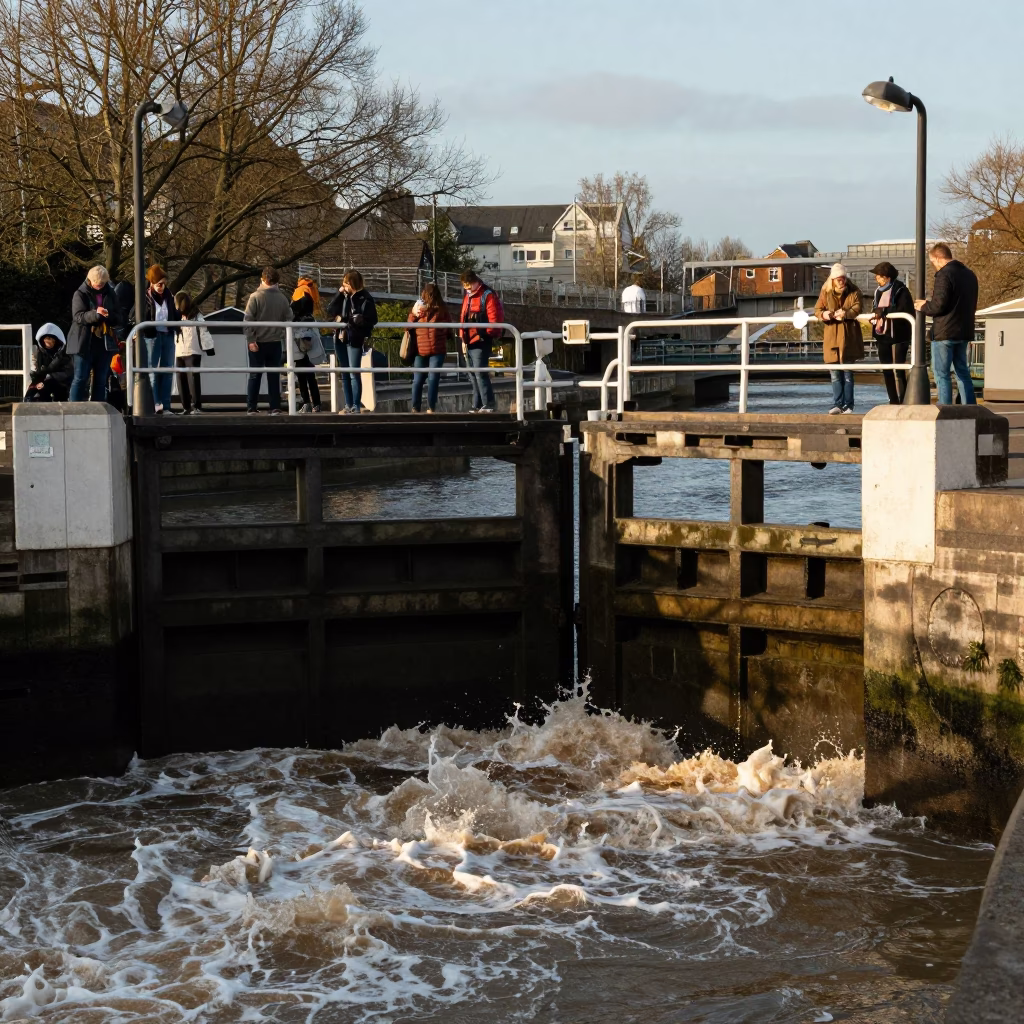Busy Sluice Gate Walkway Scene in Bristol United Kingdom Early Afternoon in in Bristol, United Kingdom