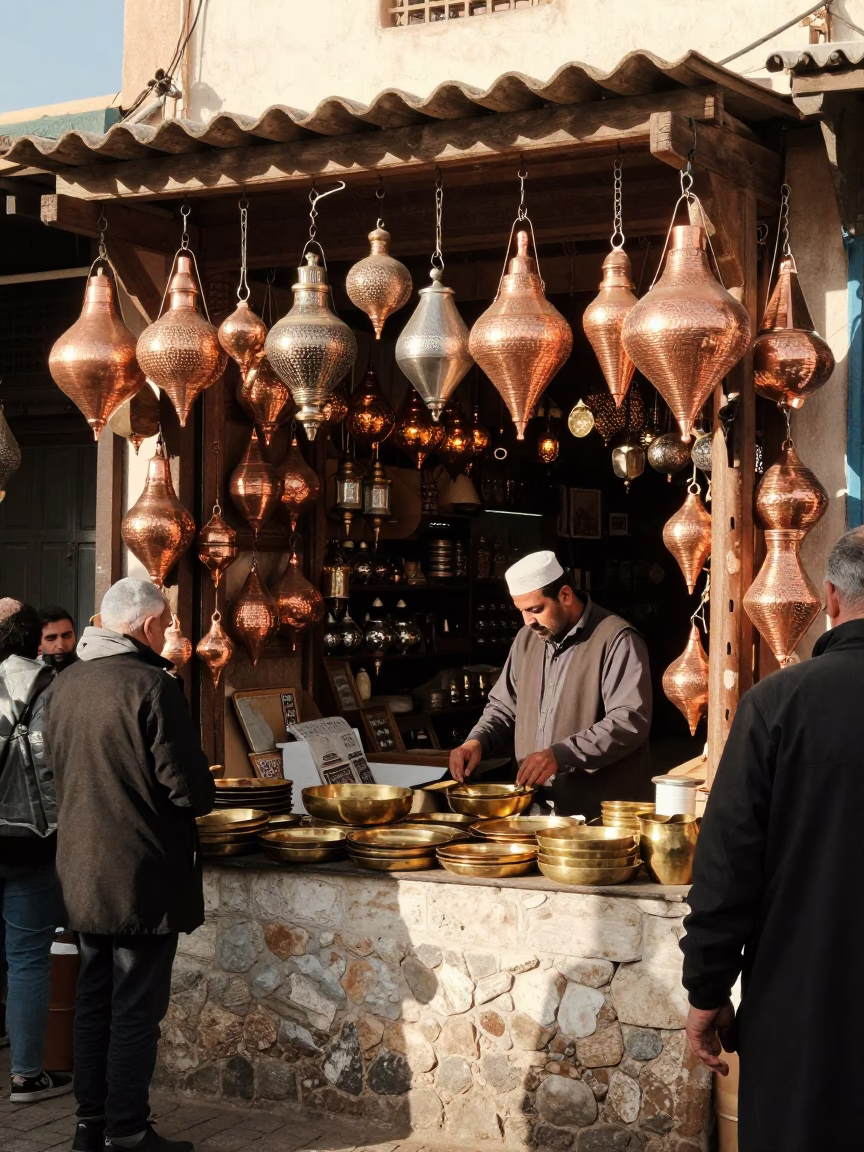 Busy Souk Stall in Essaouira Morocco with Copper Lanterns and Late Afternoon Light in in Essaouira, Morocco