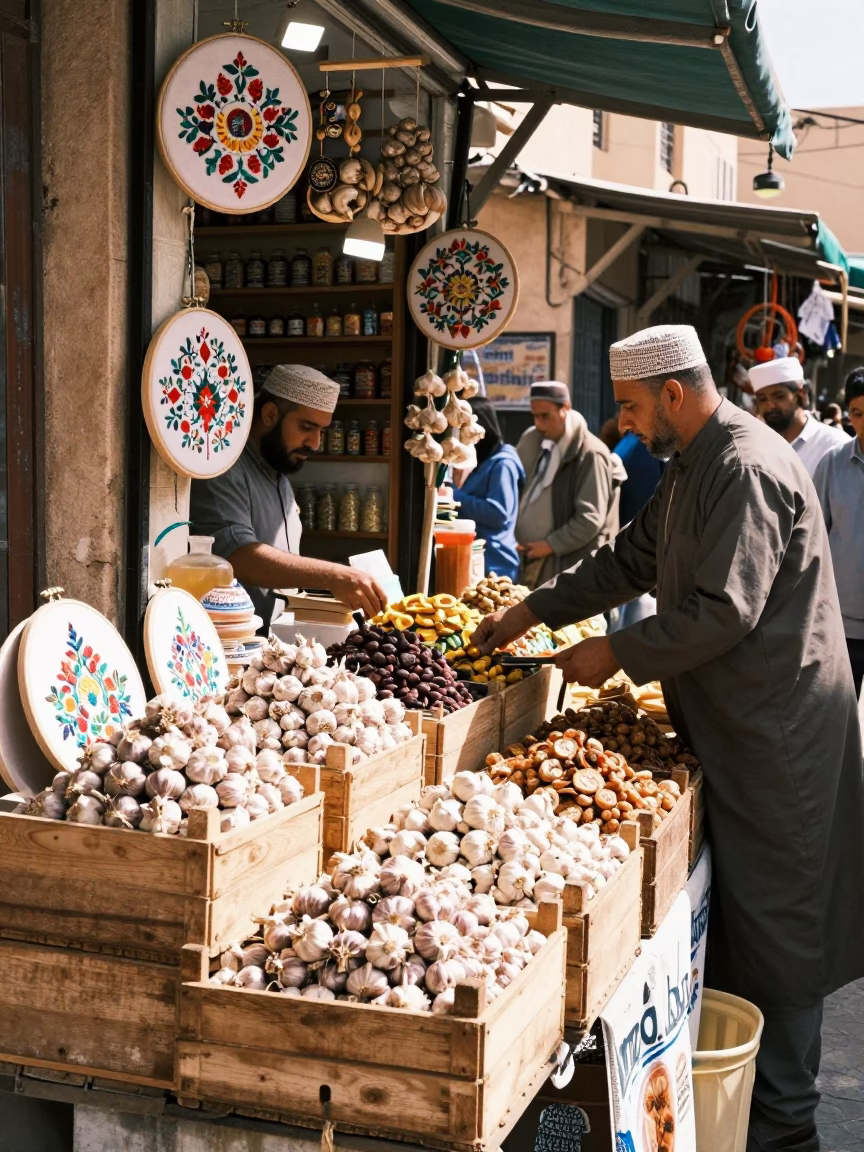 Busy Souk Stall in Fez Morocco Noon Garlic Canisters Embroidery Hoop in in Fez, Morocco