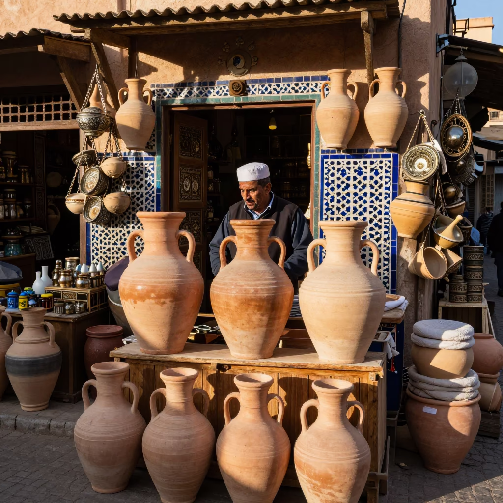 Busy Souk Stall with Stoneware Crocks and Vintage Items in Fez Morocco Late Afternoon in in Fez, Morocco