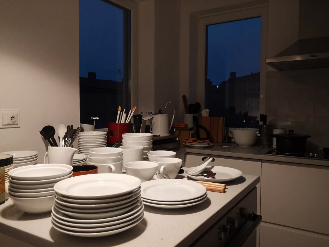 Busy Stockholm Apartment Kitchen at Night with Porcelain and Glass Items in in Stockholm, Sweden