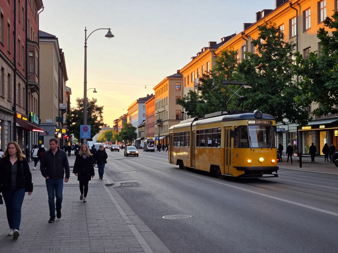 Busy Stockholm Boulevard at Golden Hour with Vintage Tram and Urban Life in in Stockholm, Sweden