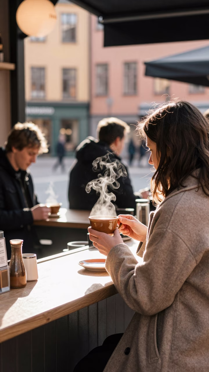 Busy Stockholm Cafe Counter with Steaming Clay Masala Chai Cup in Bright Midmorning Light in in Stockholm, Sweden