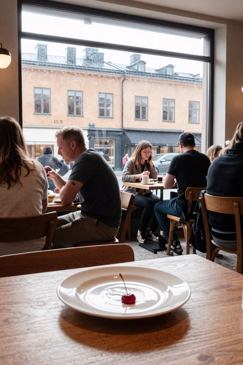 Busy Stockholm Cafe Interior with Ceramic Plate and Cherry Blossom View in Midmorning Light in in Stockholm, Sweden
