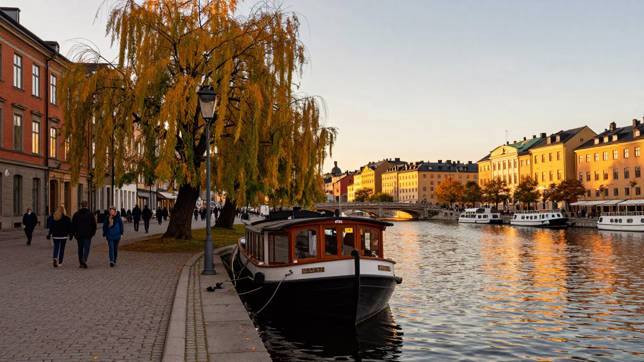 Busy Stockholm Canal Evening with Houseboat and Autumn Willows in Honeyed Light in in Stockholm, Sweden