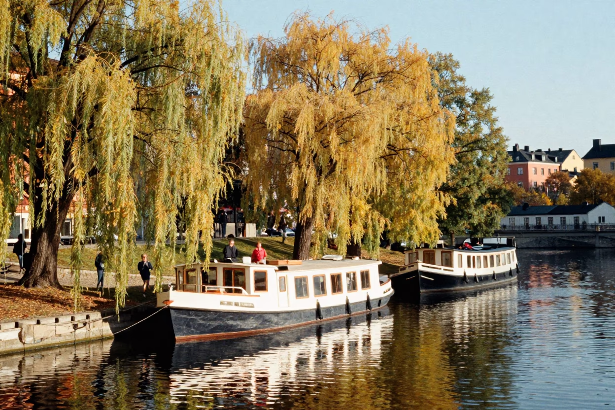 Busy Stockholm Canal Scene with Houseboat and Autumn Willows Under Noon Sun in in Stockholm, Sweden