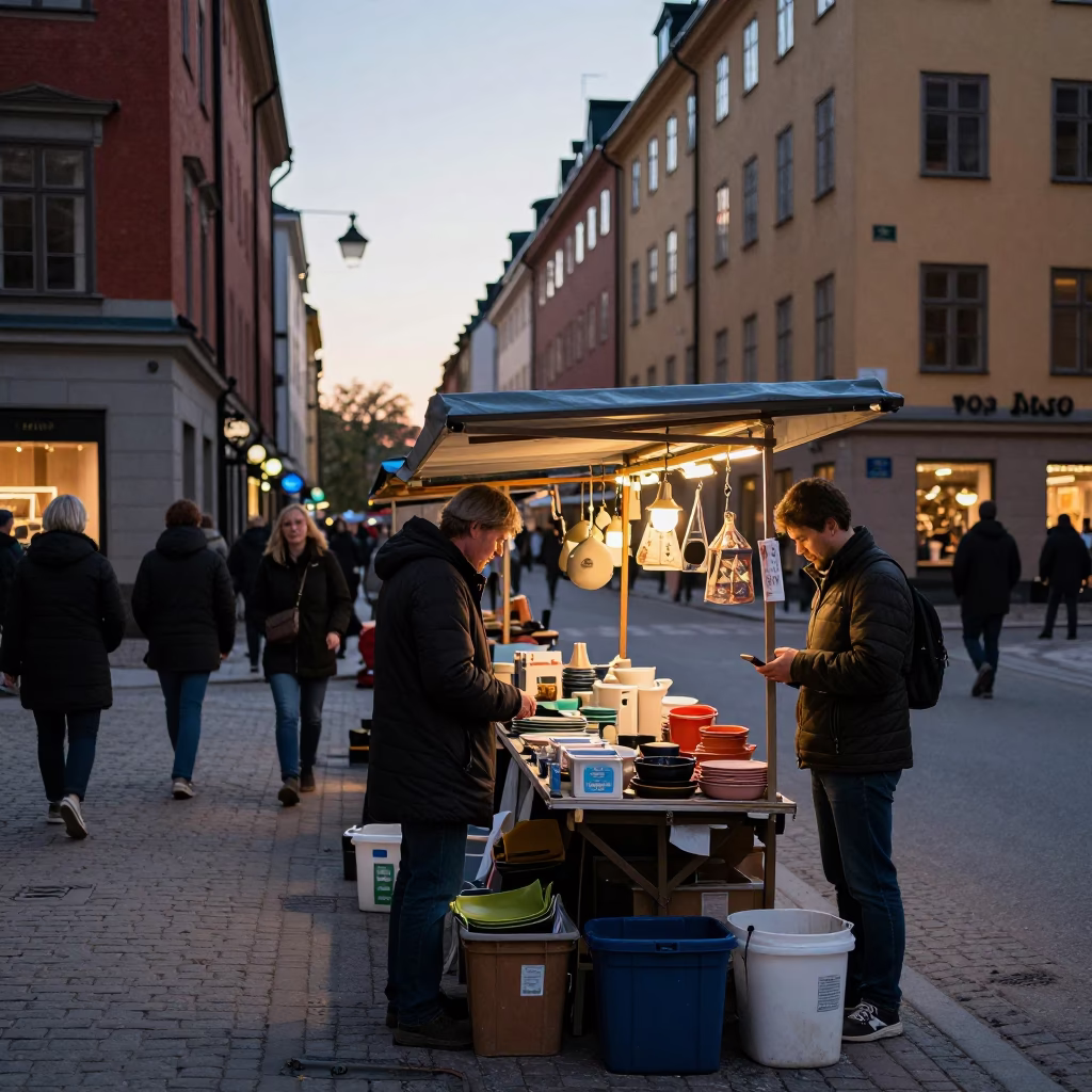 Busy Stockholm Early Evening Street Scene with Wrench and Ceramic Bowl in in Stockholm, Sweden