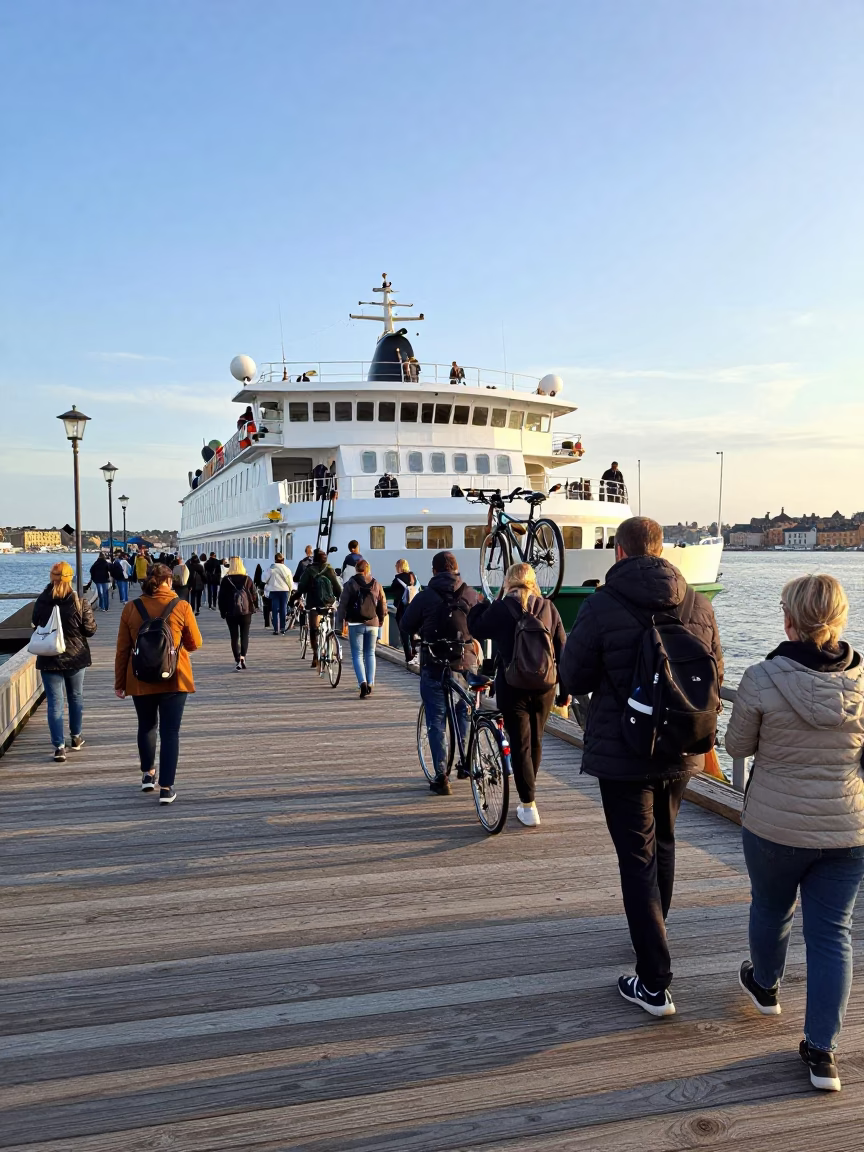 Busy Stockholm Ferry Dock Late Morning Passengers and Bicycles Loading in in Stockholm, Sweden