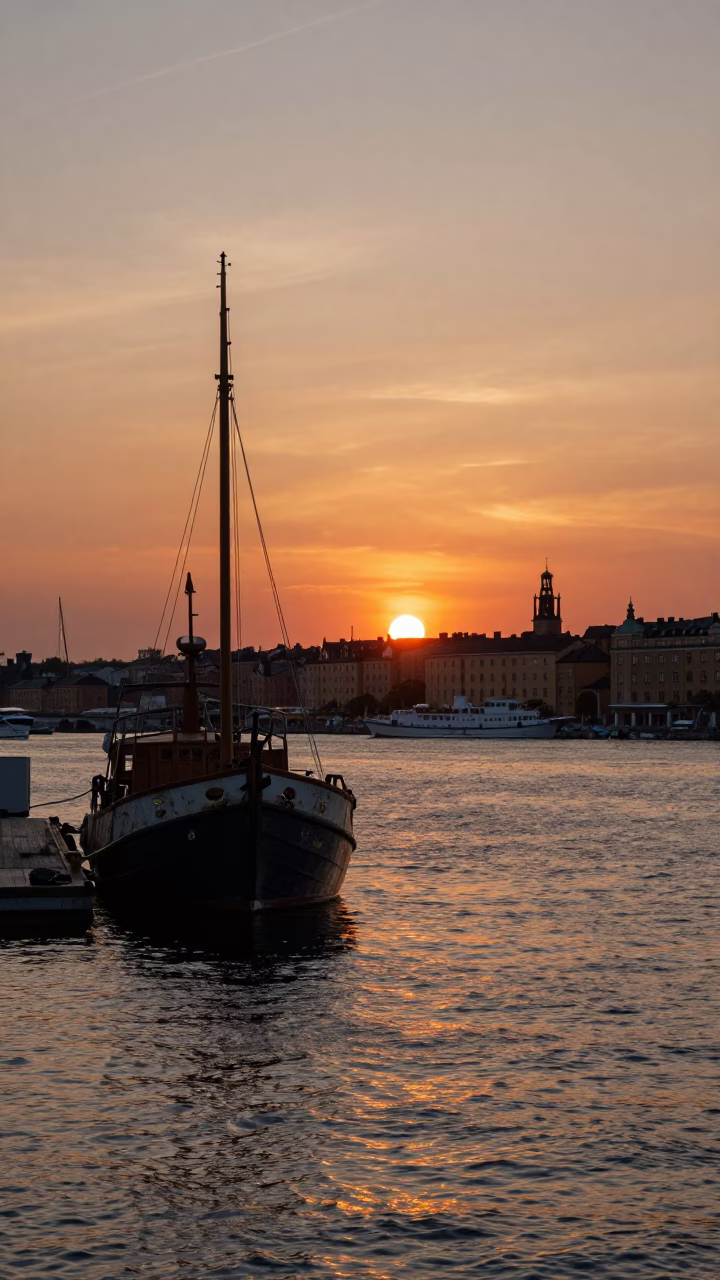 Busy Stockholm Harbor at Sunset with Junk Boat and Onions in in Stockholm, Sweden