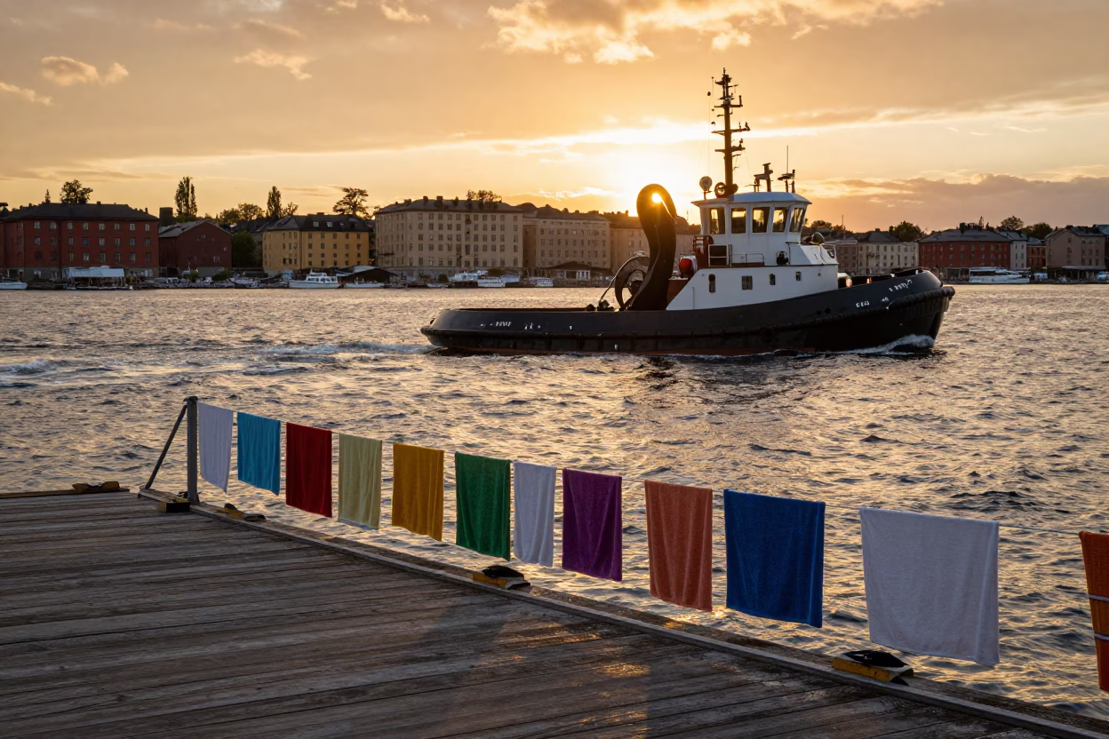Busy Stockholm Harbor Sunset with Tugboat and Drying Towels on Dock in in Stockholm, Sweden