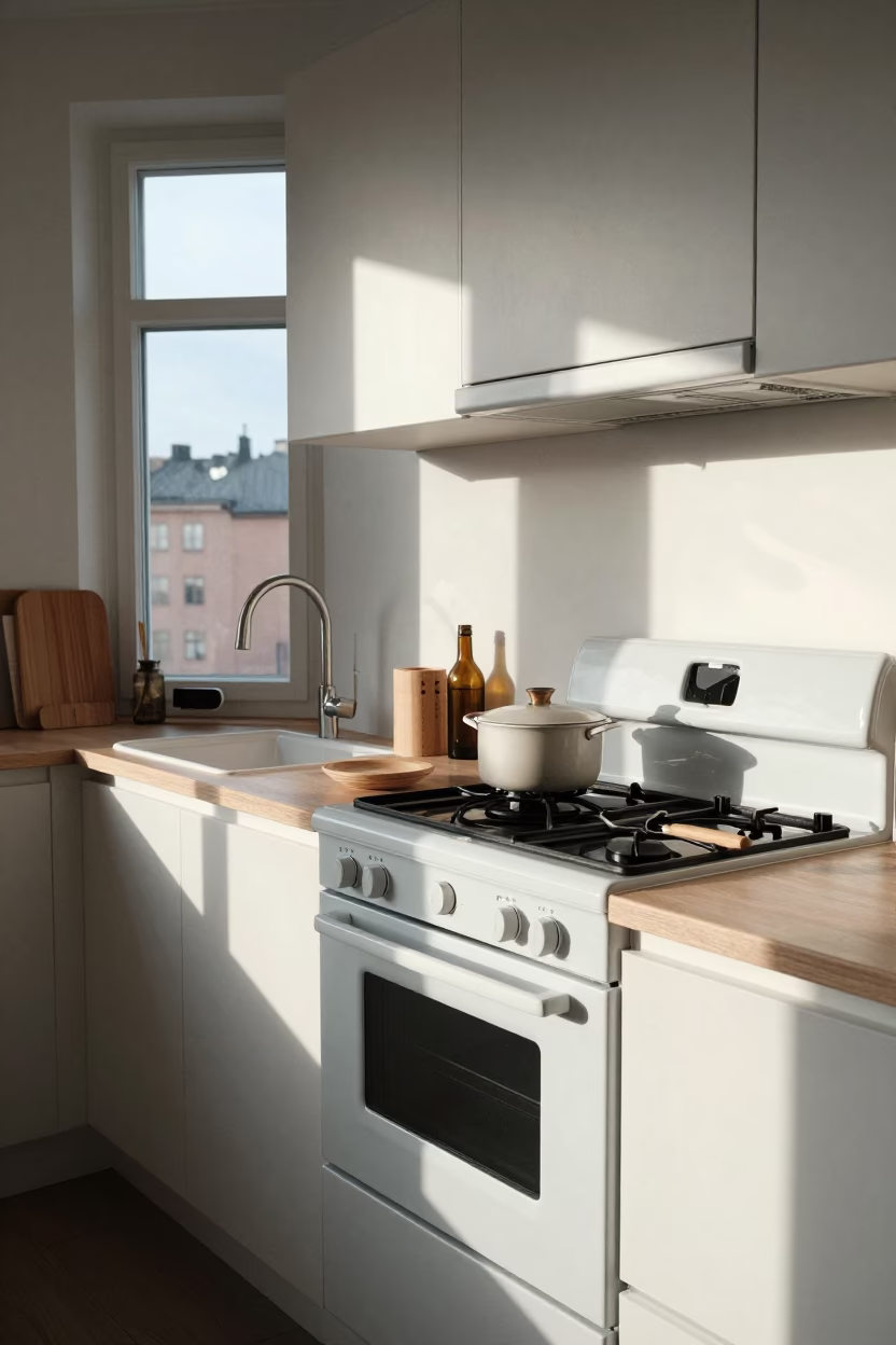 Busy Stockholm Kitchen Late Morning with Glossy Enamel Surfaces and Local Cooking Activity in in Stockholm, Sweden