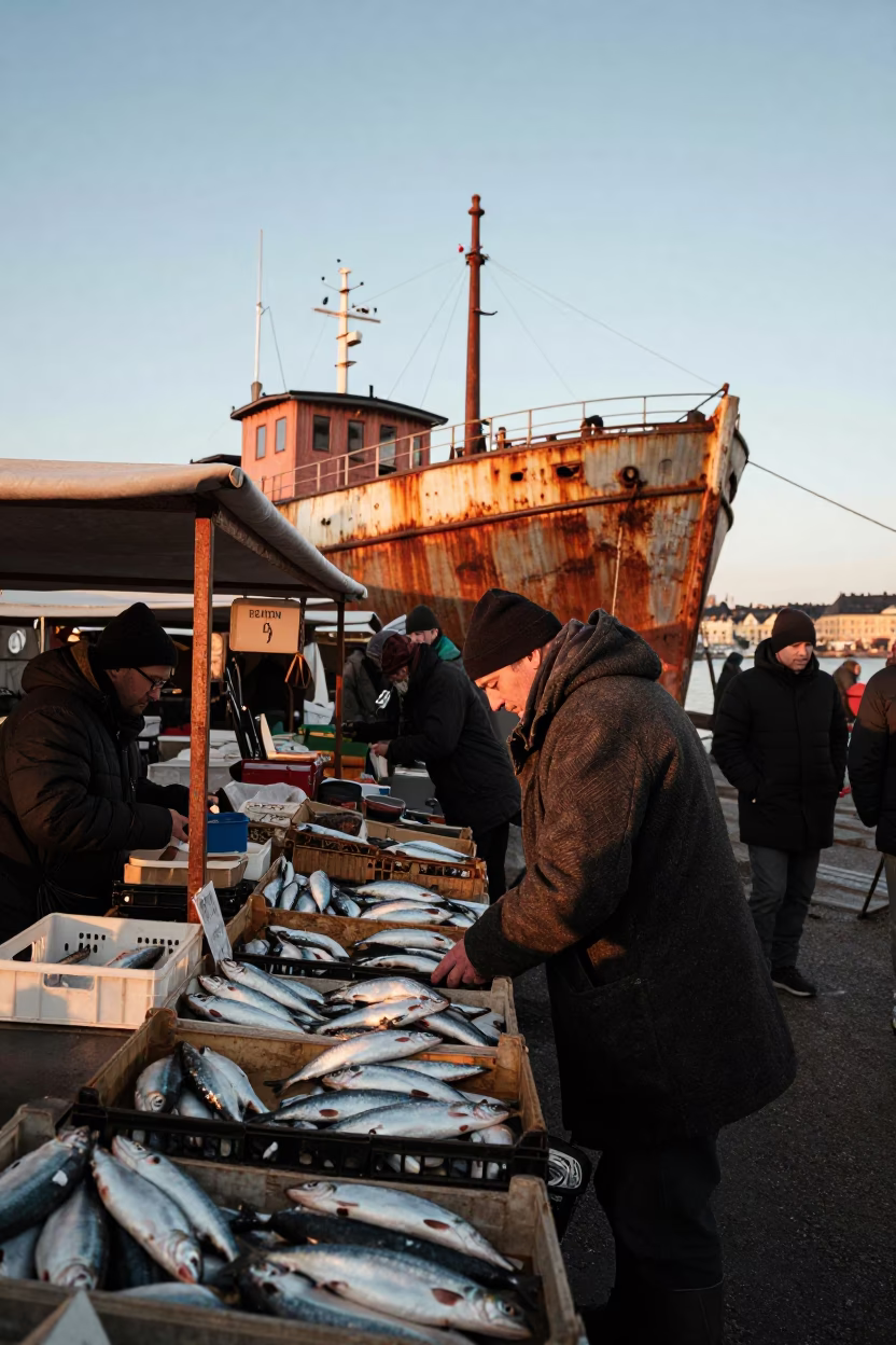 Busy Stockholm Market Stall at Dawn with Rusting Ship and Work Gloves in in Stockholm, Sweden