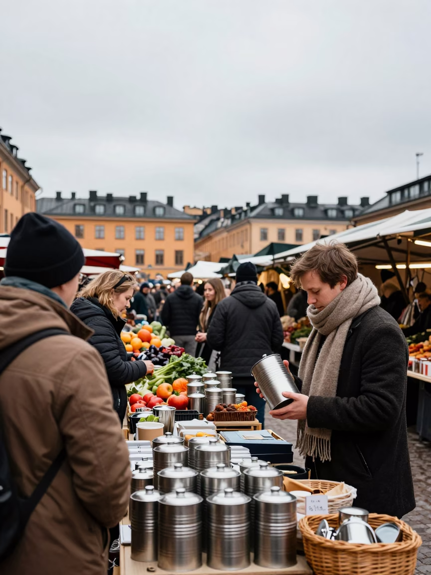 Busy Stockholm Market Stall Overcast Day Tea Canister Scarf in in Stockholm, Sweden