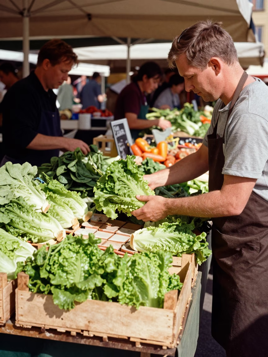 Busy Stockholm Market Stall Under Noon Sun With Fresh Lettuce And Ceramic Tiles in in Stockholm, Sweden