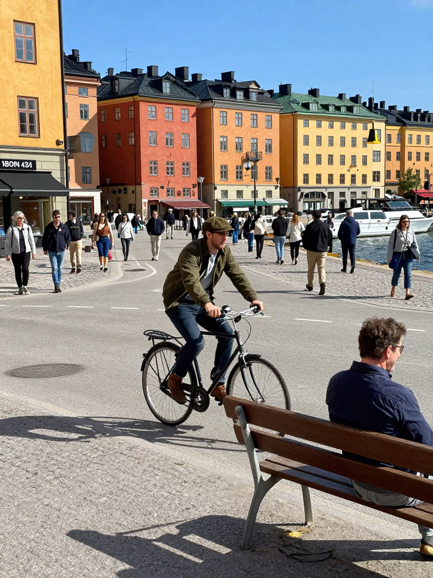 Busy Stockholm Midday Street Scene with Bicycle and Pollen on Bench in in Stockholm, Sweden