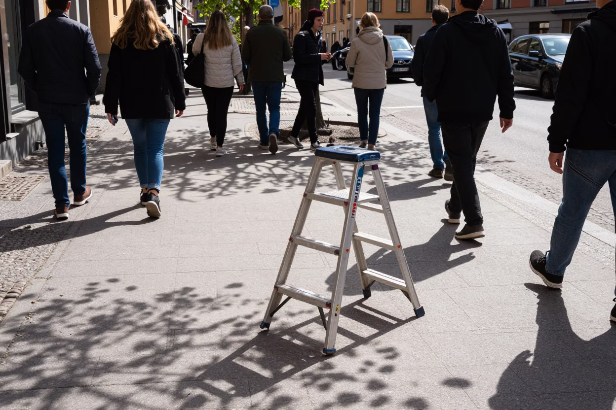Busy Stockholm Midday Street Scene with Step Ladder and Urban Details in in Stockholm, Sweden