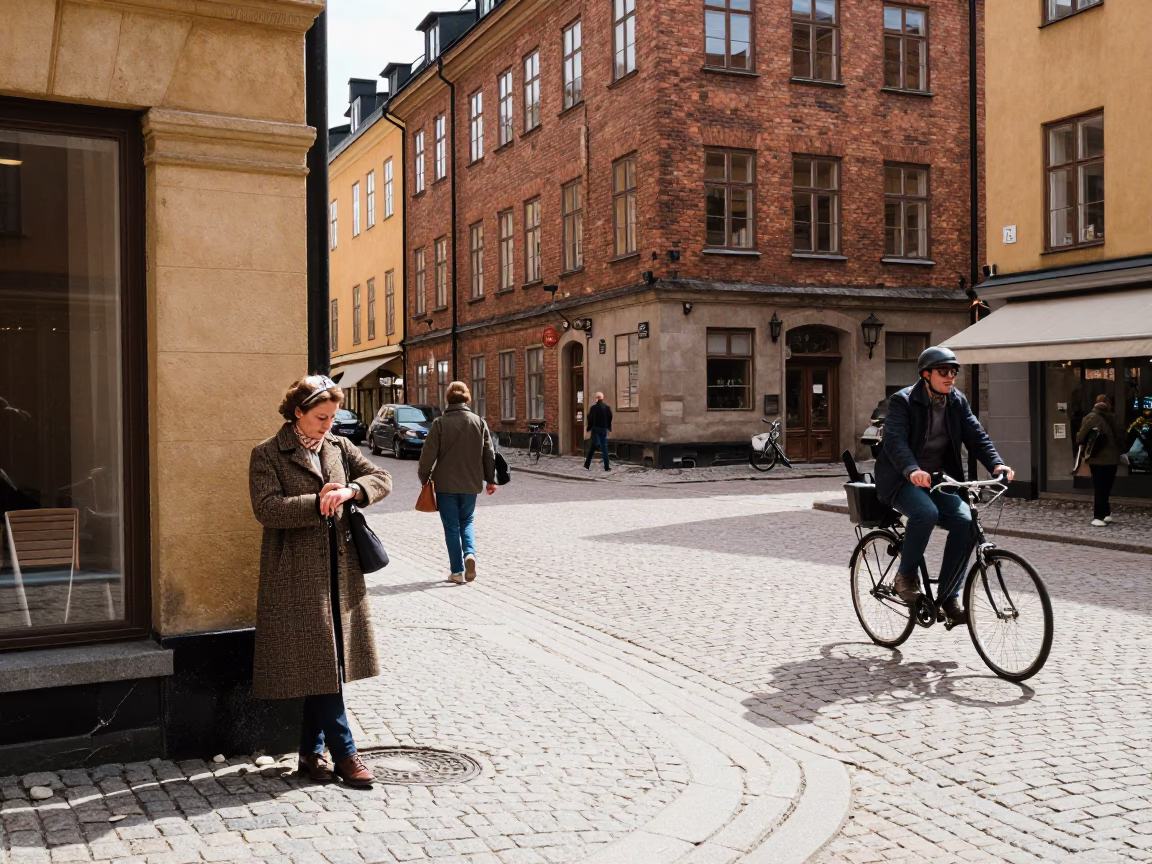 Busy Stockholm Midday Street Scene with Vintage 1970s Elements and Local Life in in Stockholm, Sweden
