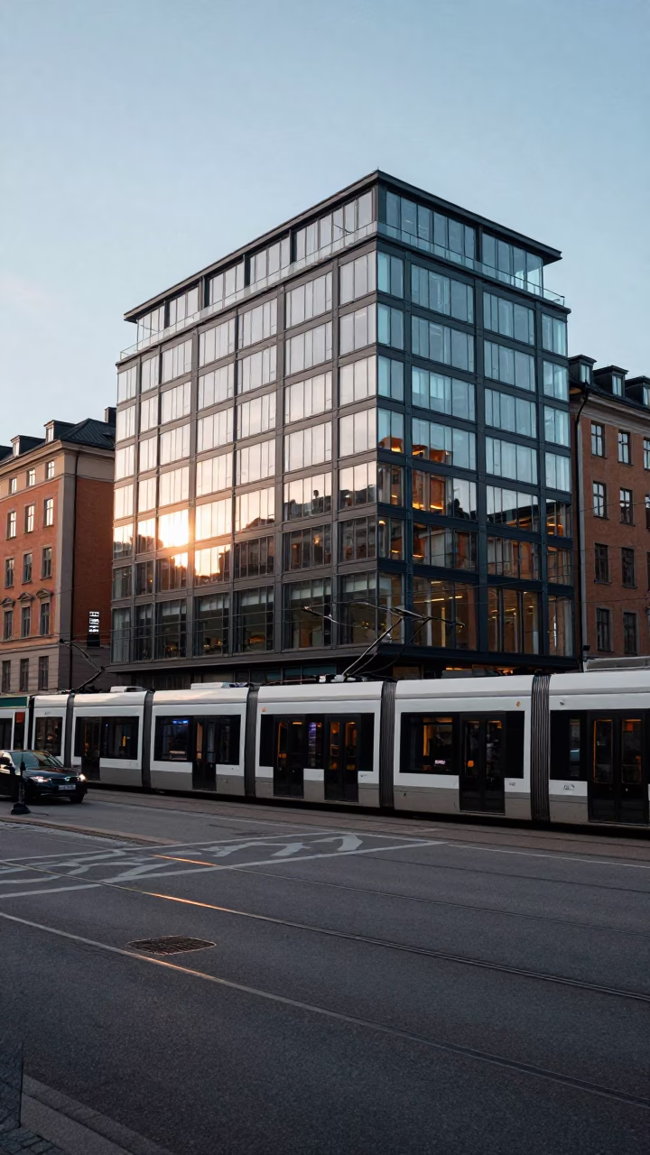 Busy Stockholm Street Corner at Dawn with Tram and Pedestrians in in Stockholm, Sweden