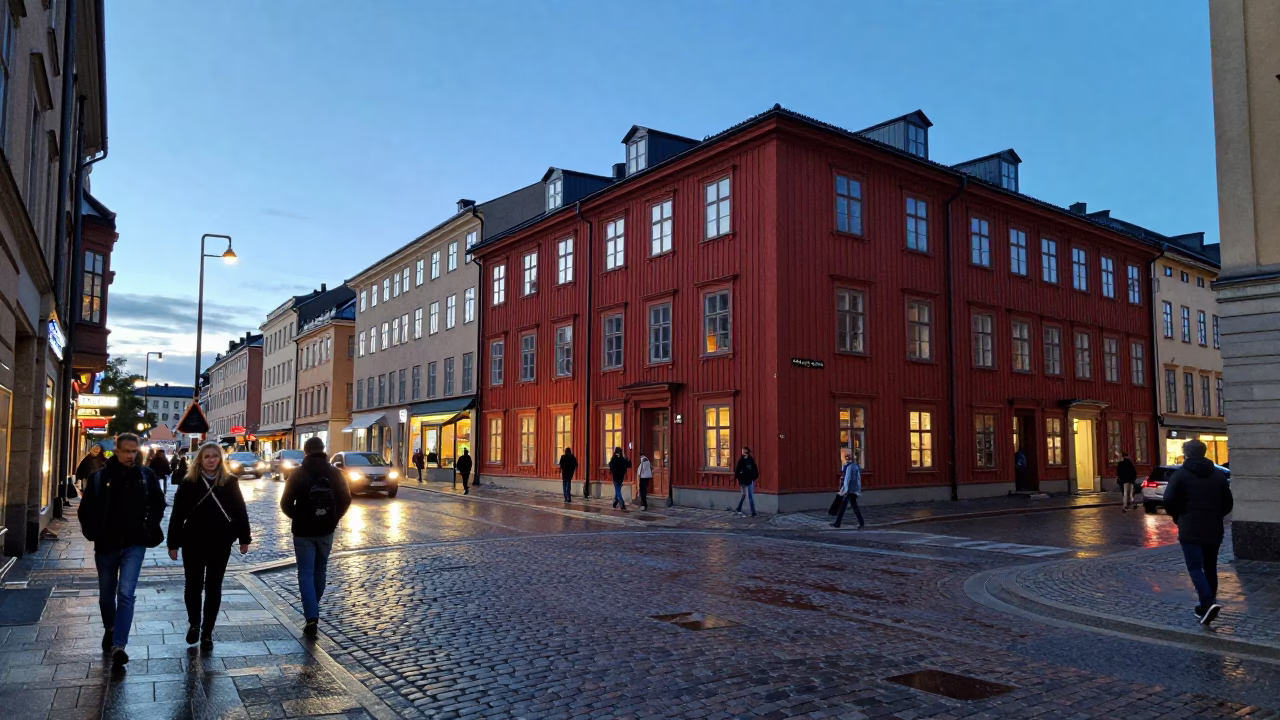 Busy Stockholm Street Corner at Dusk with Pedestrians and City Lights in in Stockholm, Sweden