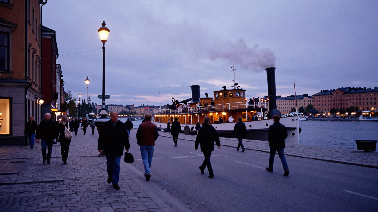 Busy Stockholm Street Corner at Indigo Twilight with Steamboat and Tulips in in Stockholm, Sweden